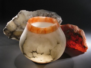 Tall white Alabaster bowl with orange rim.  Paul Hawkins 2009